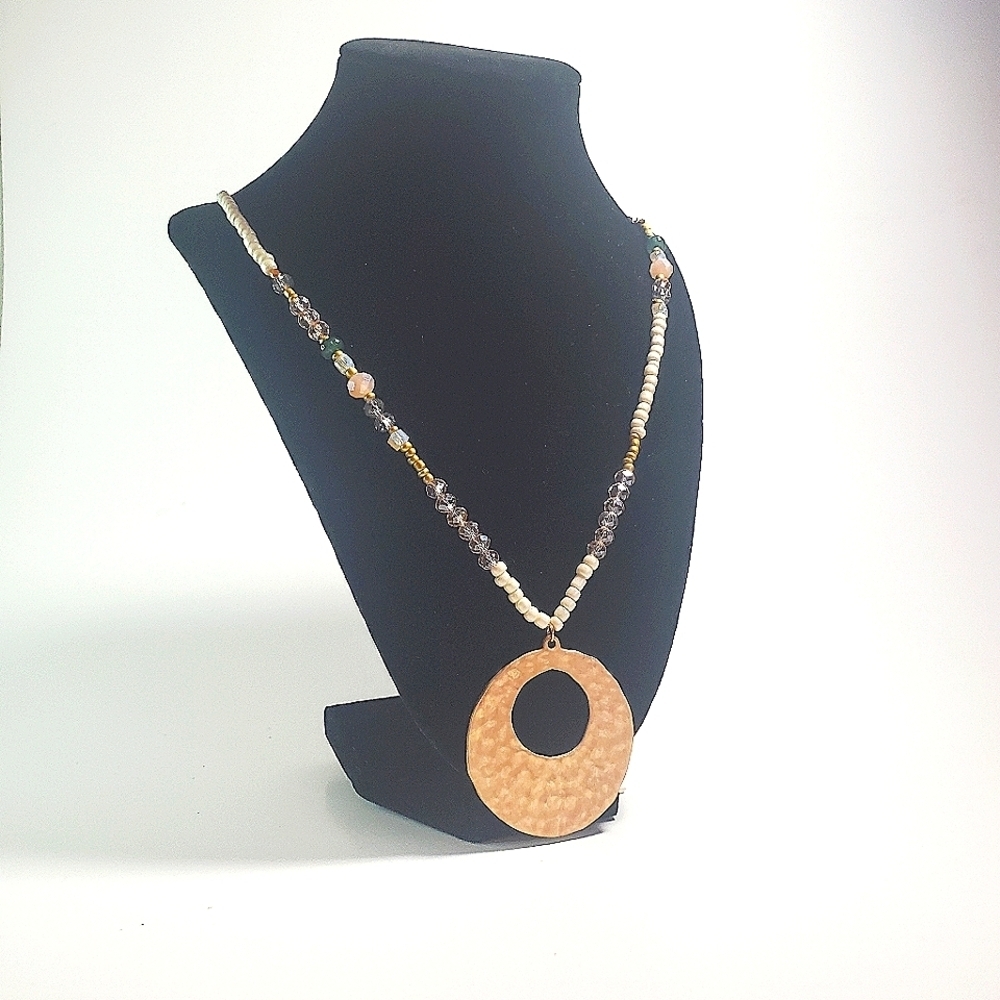 Gold and Crystal Beaded  Large Round Gold Tone Circle Pendant Necklace NWT